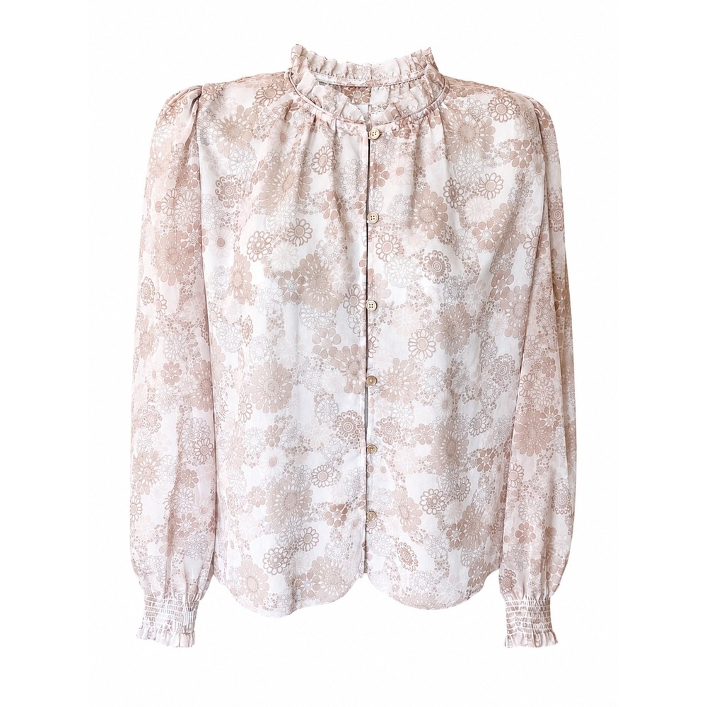 Wilfred Aritzia Tan Floral Sheer Ruffle Neck Button Down Blouse Smocked Cuff S‎